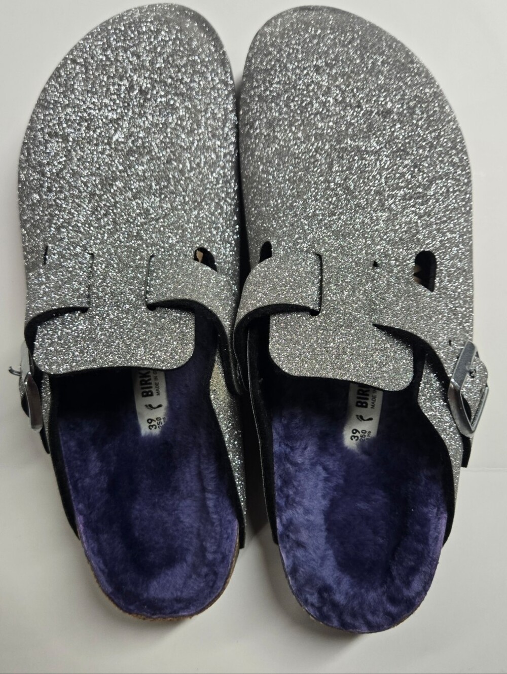 New Birkenstock Boston Silver Glitter fur sandals